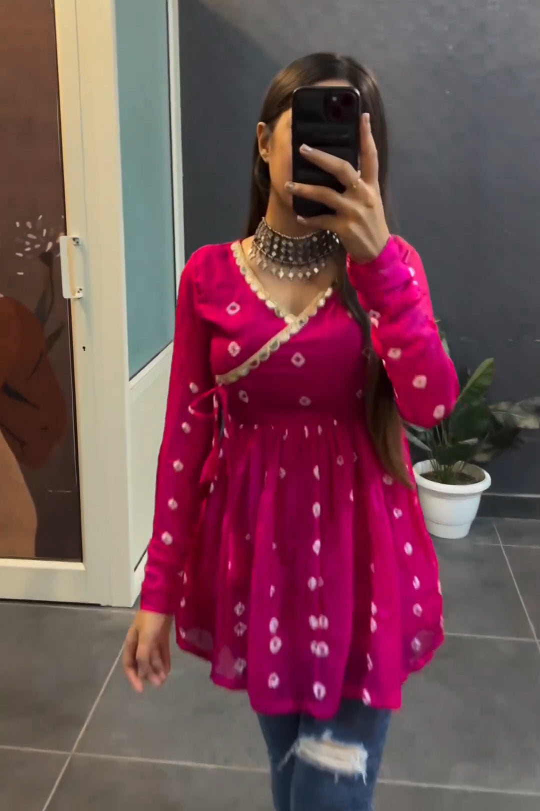 Women Pink Bandhni Print Flared Short Kurti Top