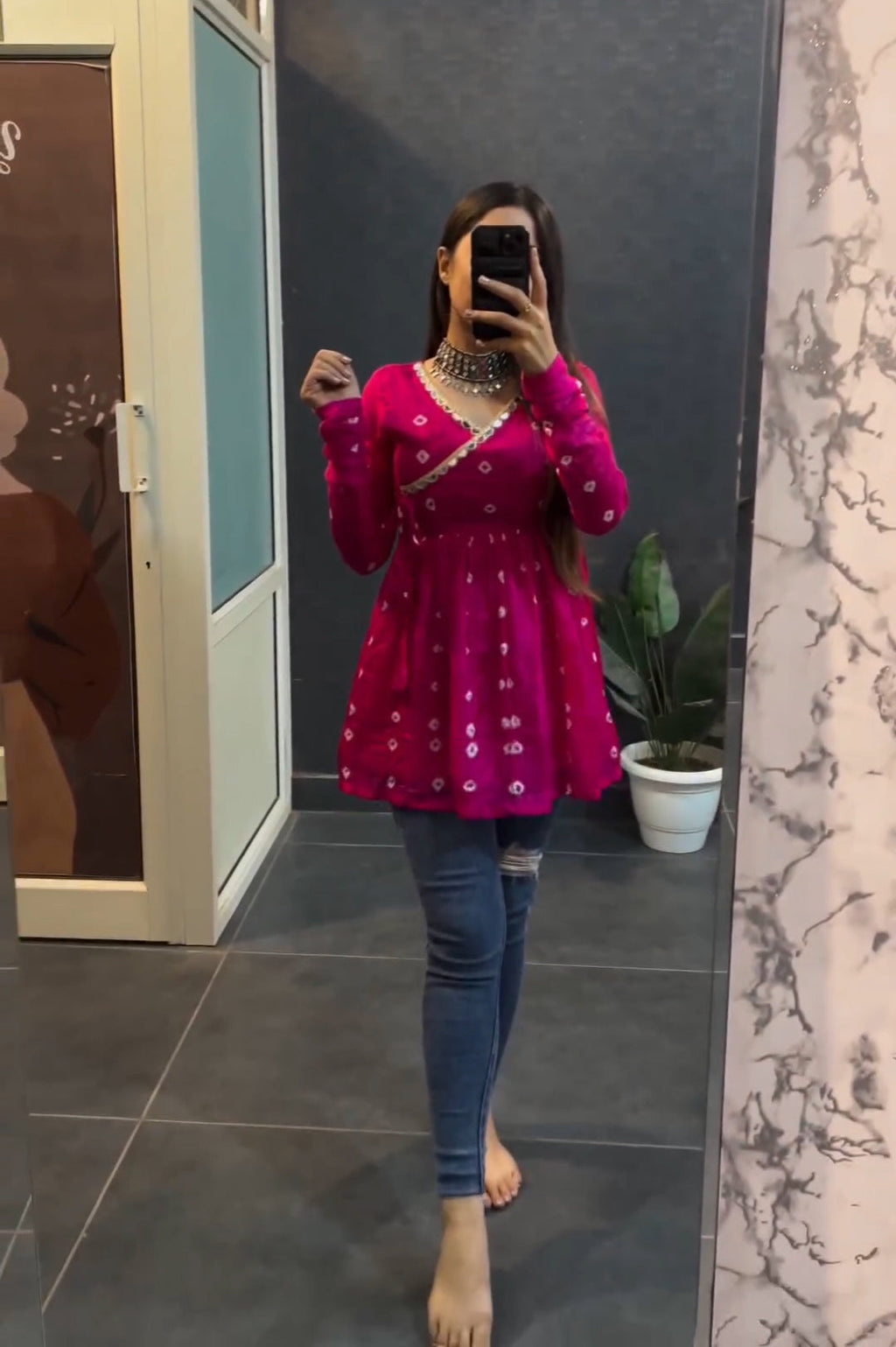 Women Pink Bandhni Print Flared Short Kurti Top
