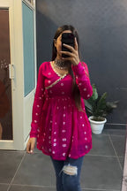 Women Pink Bandhni Print Flared Short Kurti Top
