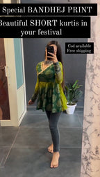 Women Green Bandhej Print Short Kurti for Women – Festive Special Ethnic Top