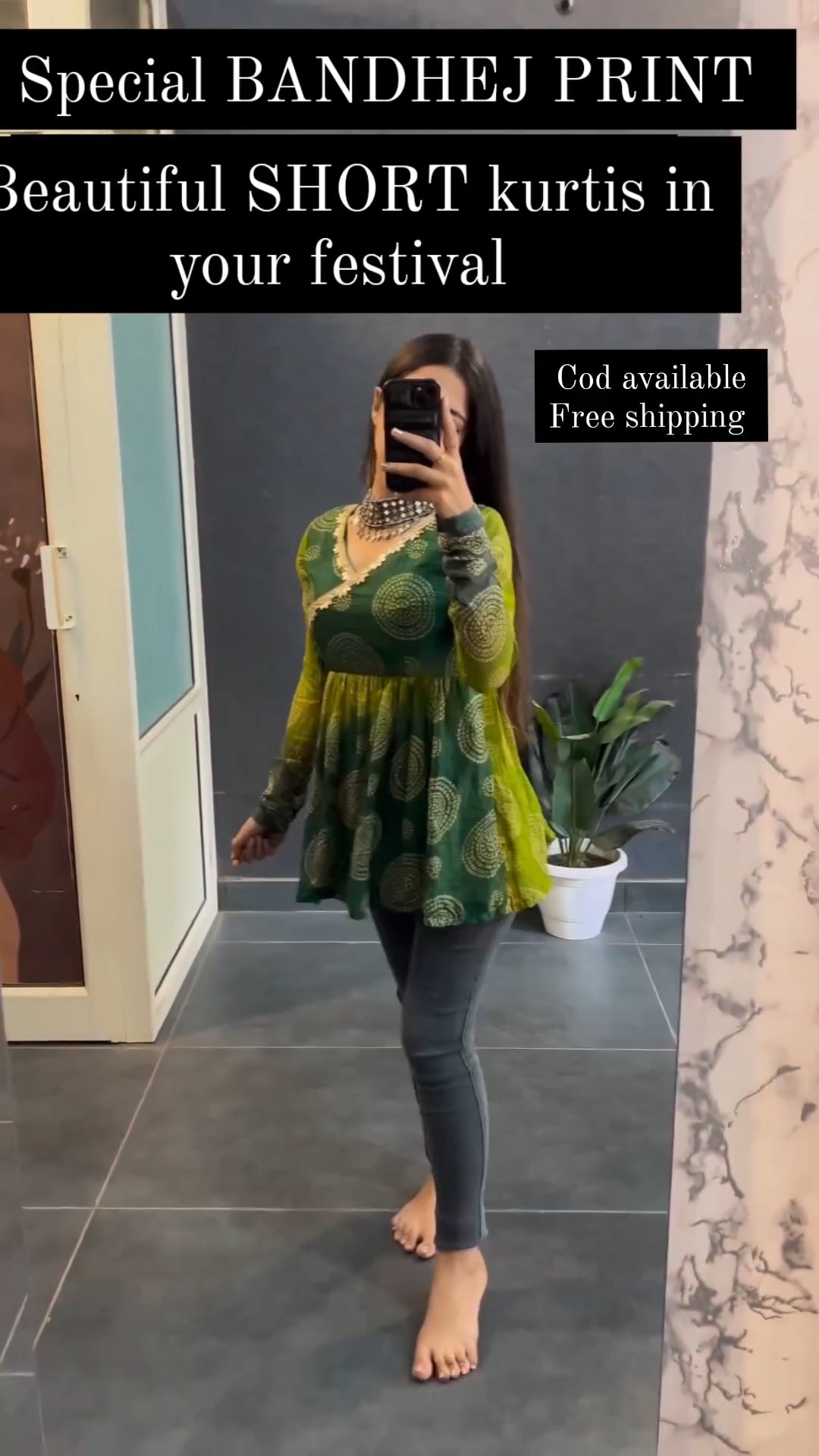 Women Green Bandhej Print Short Kurti for Women – Festive Special Ethnic Top
