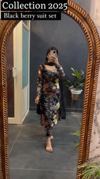 Black Floral Printed Cotton Blend Salwar Suit With Dupatta