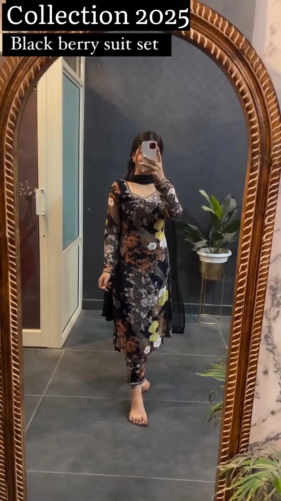 Black Floral Printed Cotton Blend Salwar Suit With Dupatta
