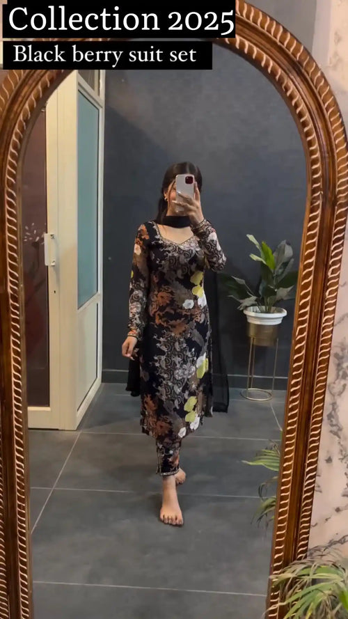 Black Floral Printed Cotton Blend Salwar Suit With Dupatta