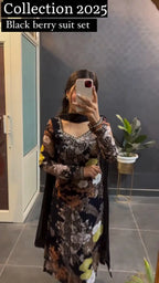 Black Floral Printed Cotton Blend Salwar Suit With Dupatta