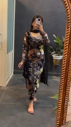 Black Floral Printed Cotton Blend Salwar Suit With Dupatta