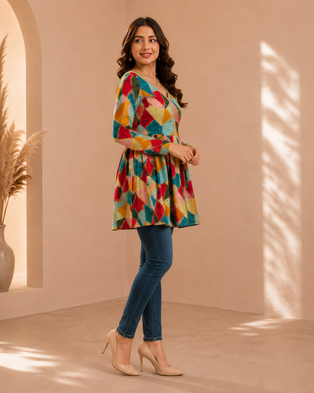 Women Festive Multicolor Zigzag Short Kurti for Women – Banarasi Style Designer Top