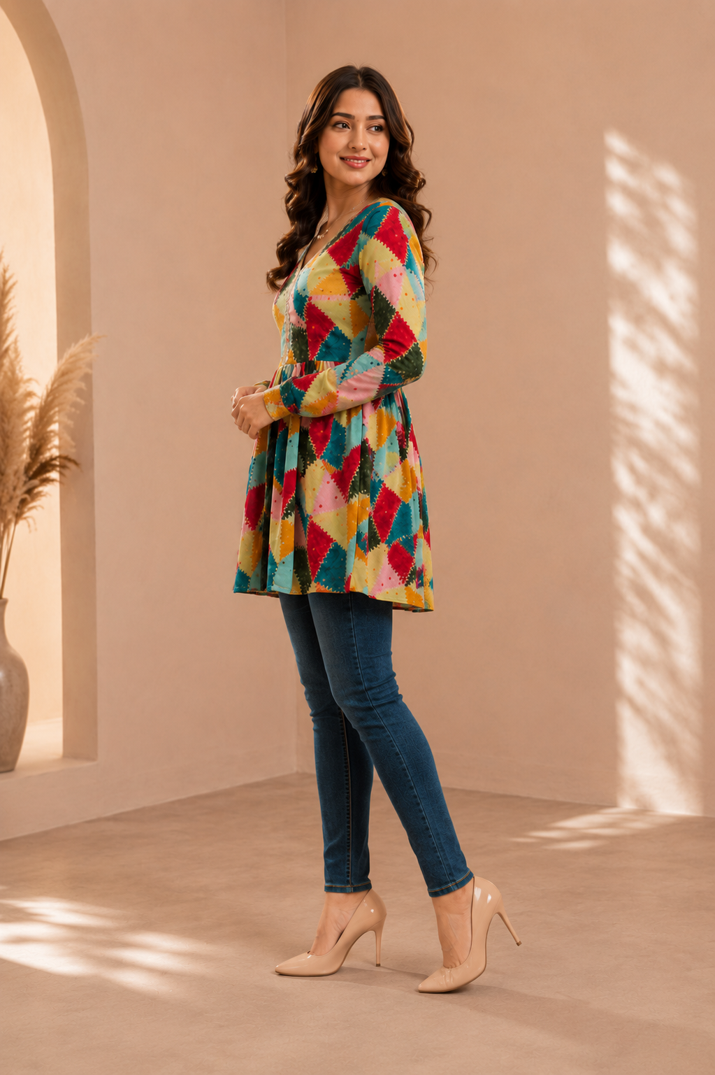 Women Festive Multicolor Zigzag Short Kurti for Women – Banarasi Style Designer Top