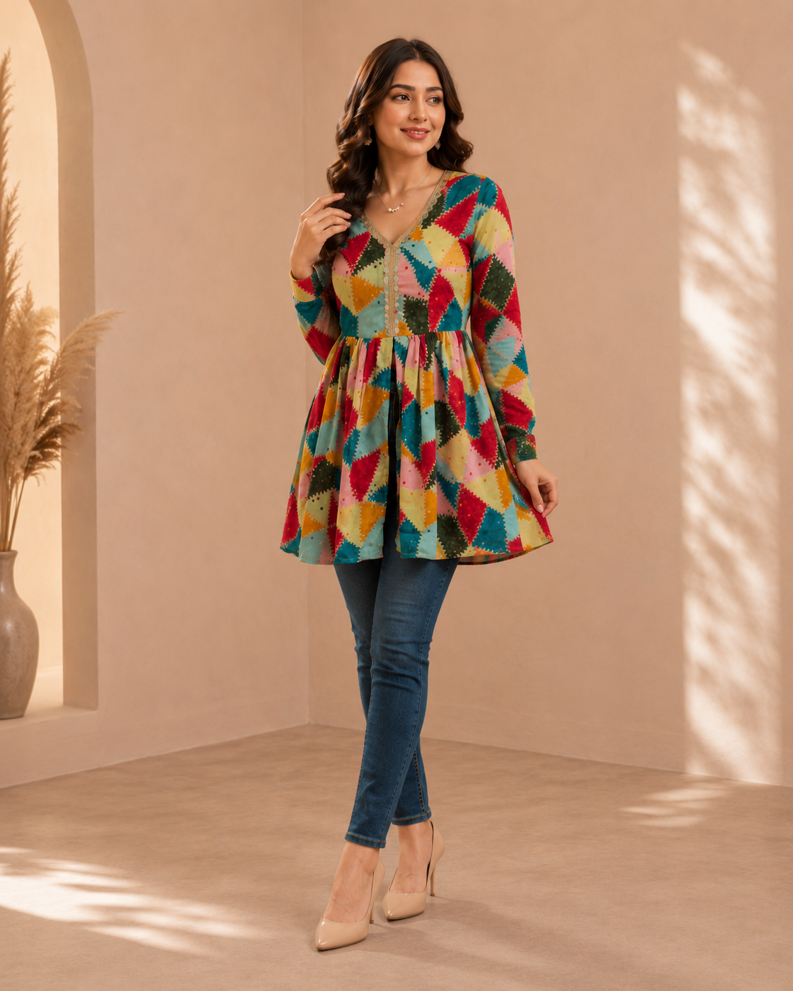 Women Festive Multicolor Zigzag Short Kurti for Women – Banarasi Style Designer Top