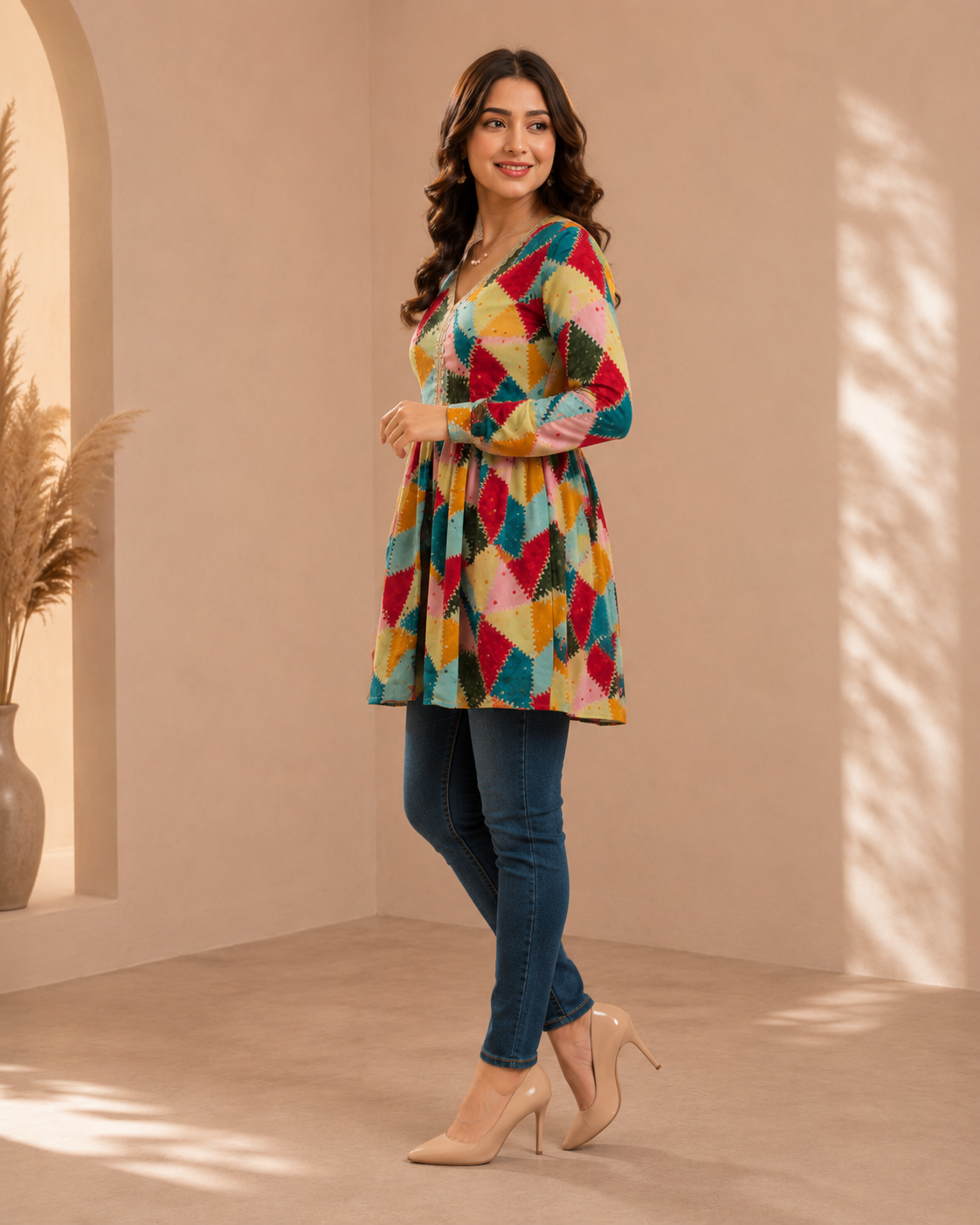 Women Festive Multicolor Zigzag Short Kurti for Women – Banarasi Style Designer Top