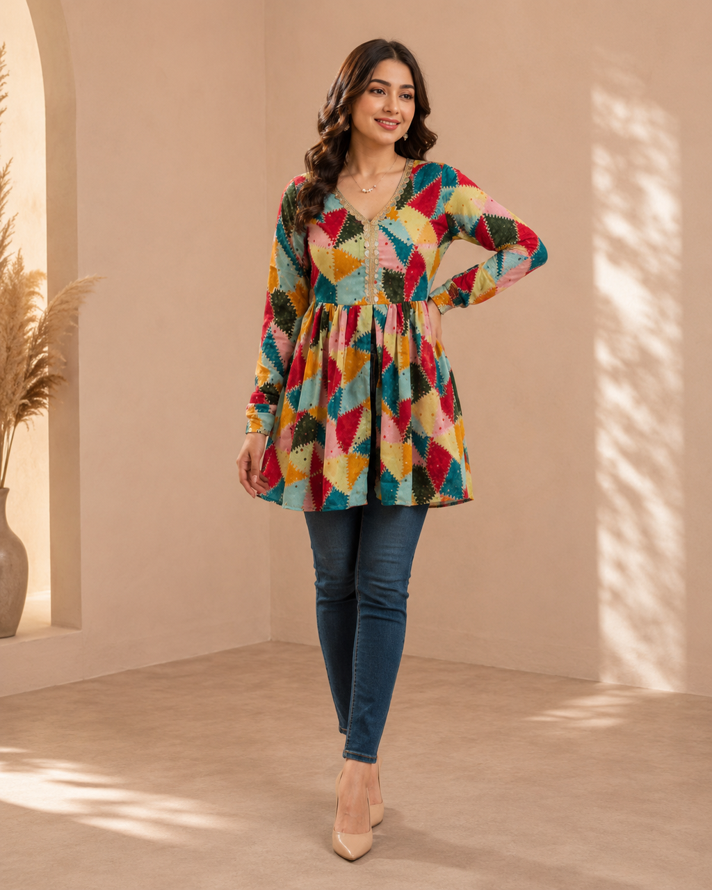 Women Festive Multicolor Zigzag Short Kurti for Women – Banarasi Style Designer Top