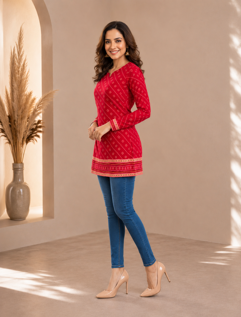 Women Red Bandhni Print Short Kurti Top