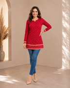 Women Red Bandhni Print Short Kurti Top