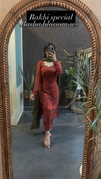 Rakhi Special Rasha Rust Blossom Kurta Pant Dupatta Set