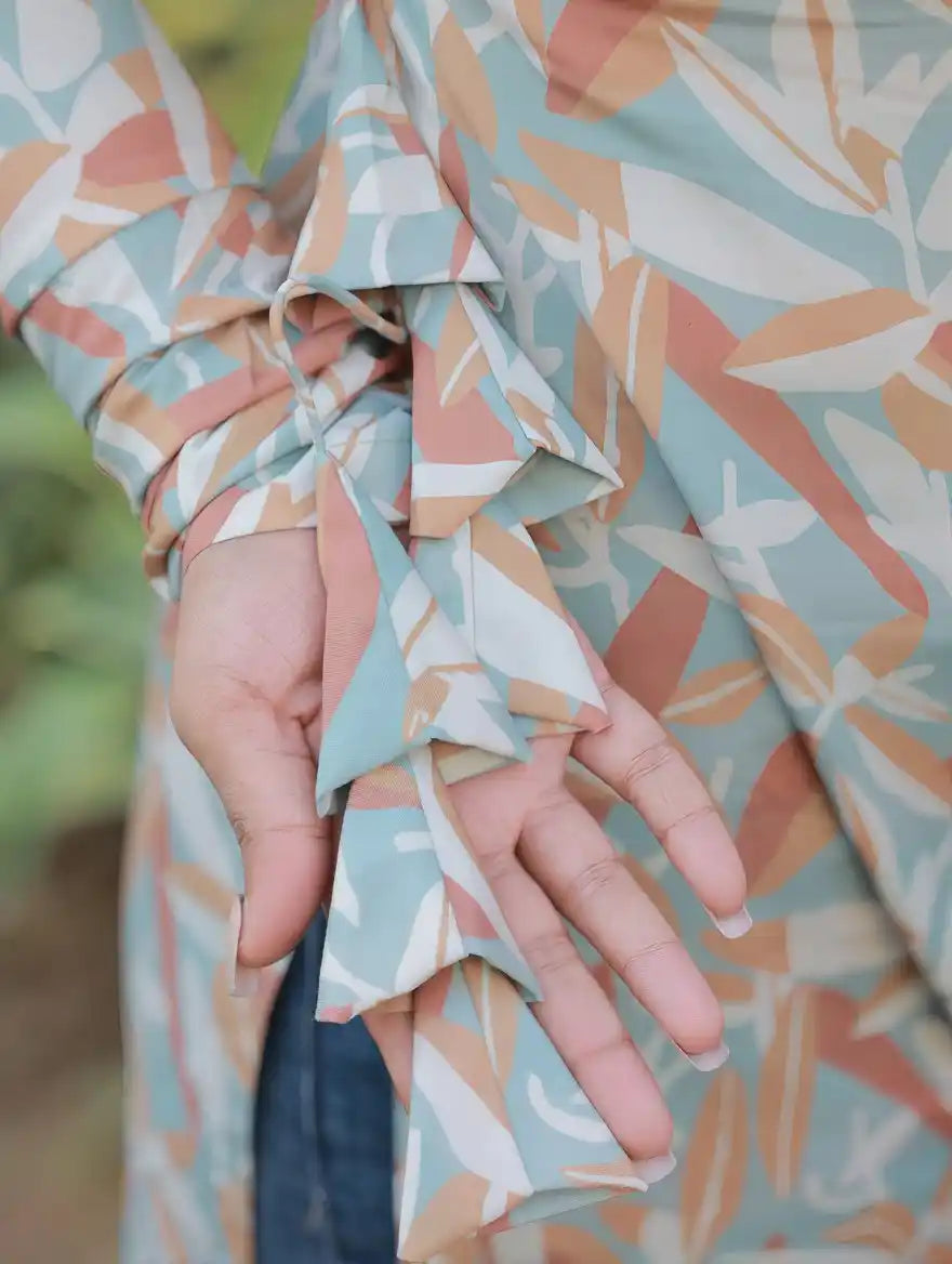 Ash Green With Pastel Leaf Print