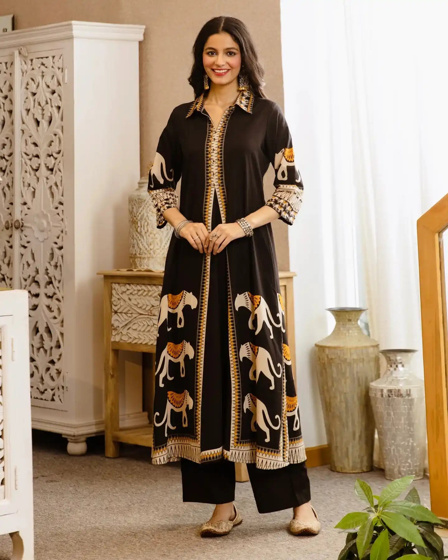 Black Tribal Bagh Beadwork A Line Cotton Kurta Set