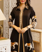 Black Tribal Bagh Beadwork A Line Cotton Kurta Set