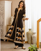 Black Tribal Bagh Beadwork A Line Cotton Kurta Set