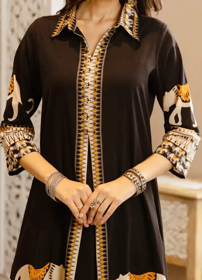 Black Tribal Bagh Beadwork A Line Cotton Kurta Set