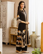 Black Tribal Bagh Beadwork A Line Cotton Kurta Set