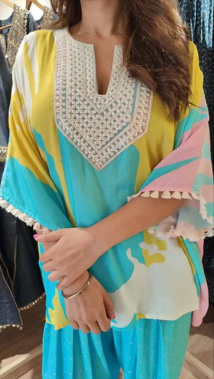 Blue Yellow Kaftan With Farshi Salwar