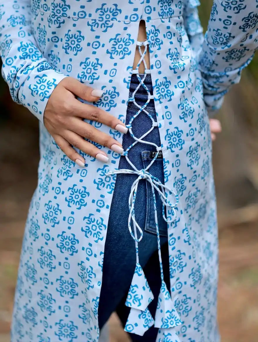 Dusky White With Bluebird Blue Printed Swiss Cotton