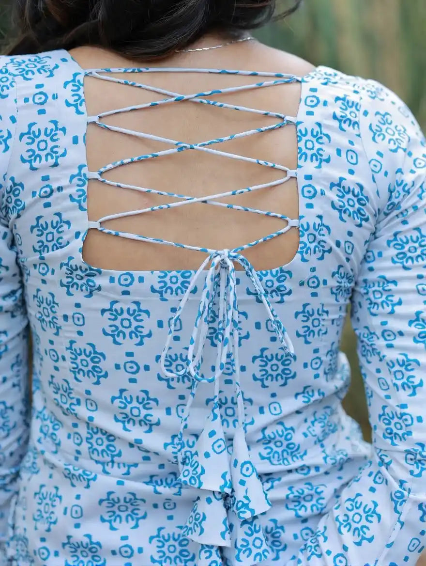 Dusky White With Bluebird Blue Printed Swiss Cotton
