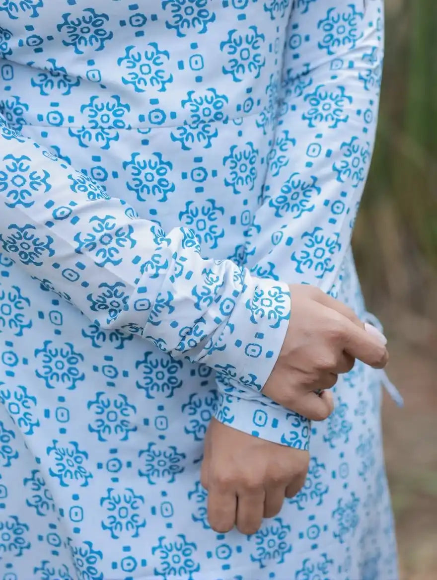 Dusky White With Bluebird Blue Printed Swiss Cotton