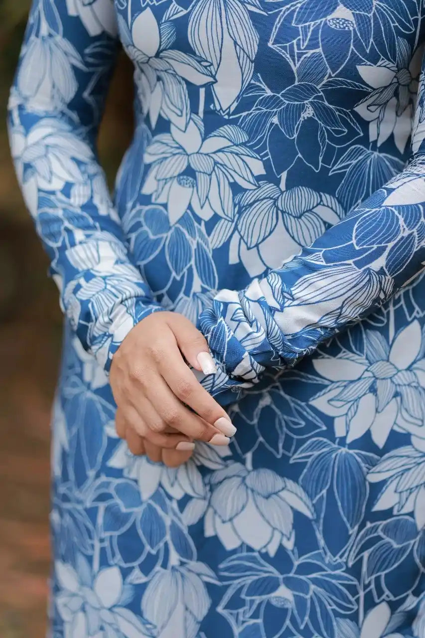 Lake Blue With Lotus Printed Swiss Cotton