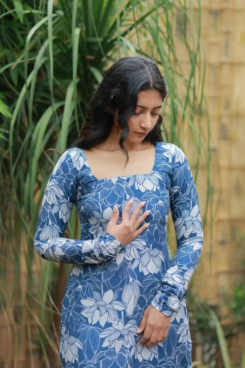 Lake Blue With Lotus Printed Swiss Cotton