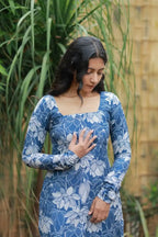Lake Blue With Lotus Printed Swiss Cotton