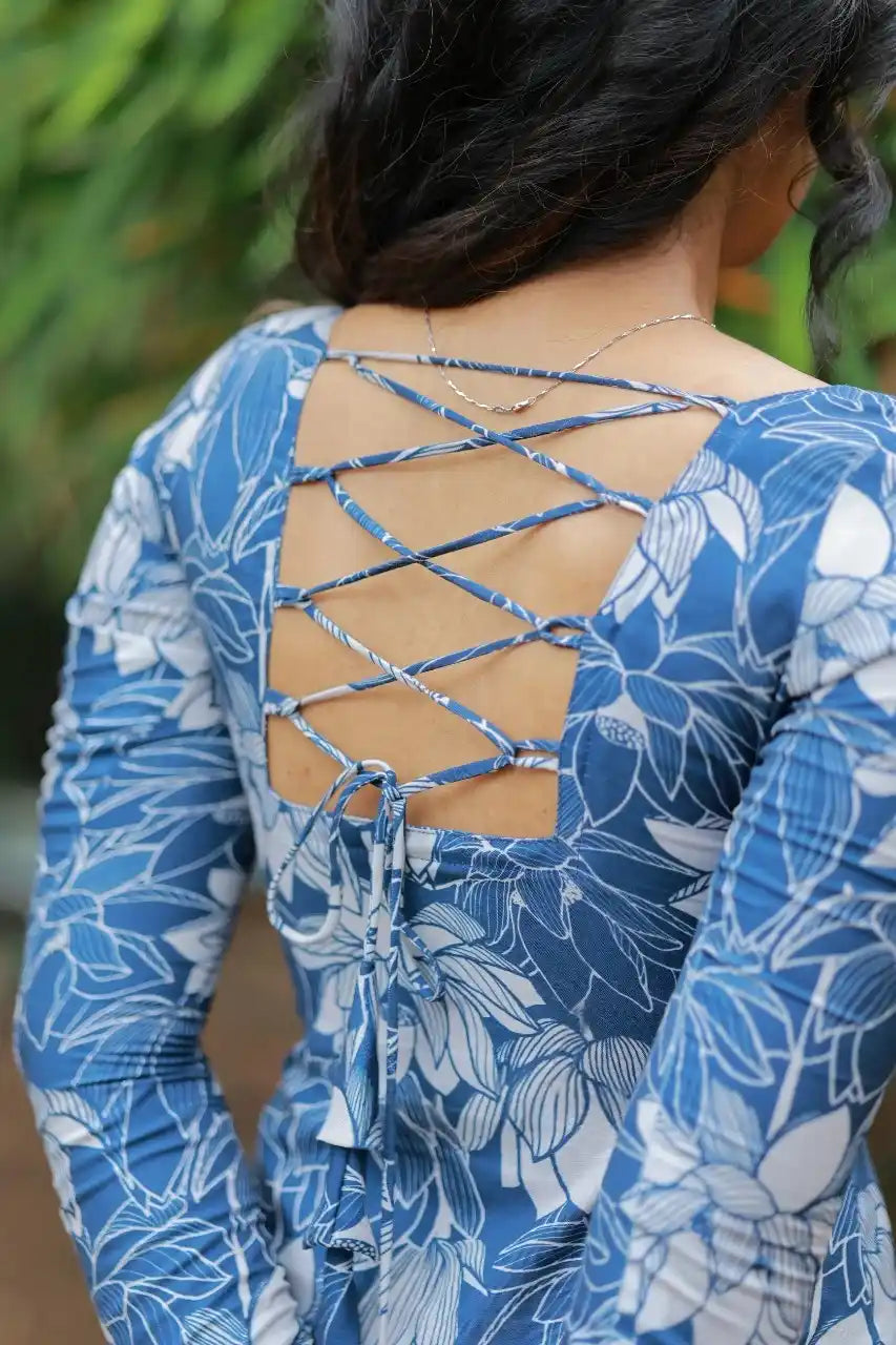 Lake Blue With Lotus Printed Swiss Cotton