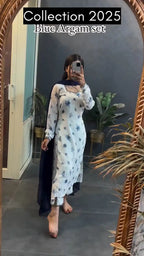 Blue Straight Argam Full Sleeves Kurta And Pant Set With Dupatta