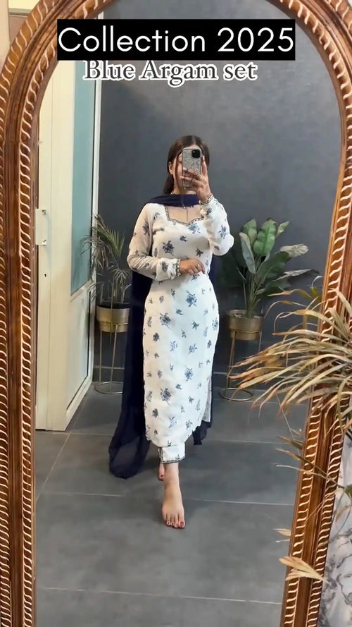 Blue Straight Argam Full Sleeves Kurta And Pant Set With Dupatta