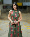 Olive Green Sleeveless Printed A-Line Kurti Dress