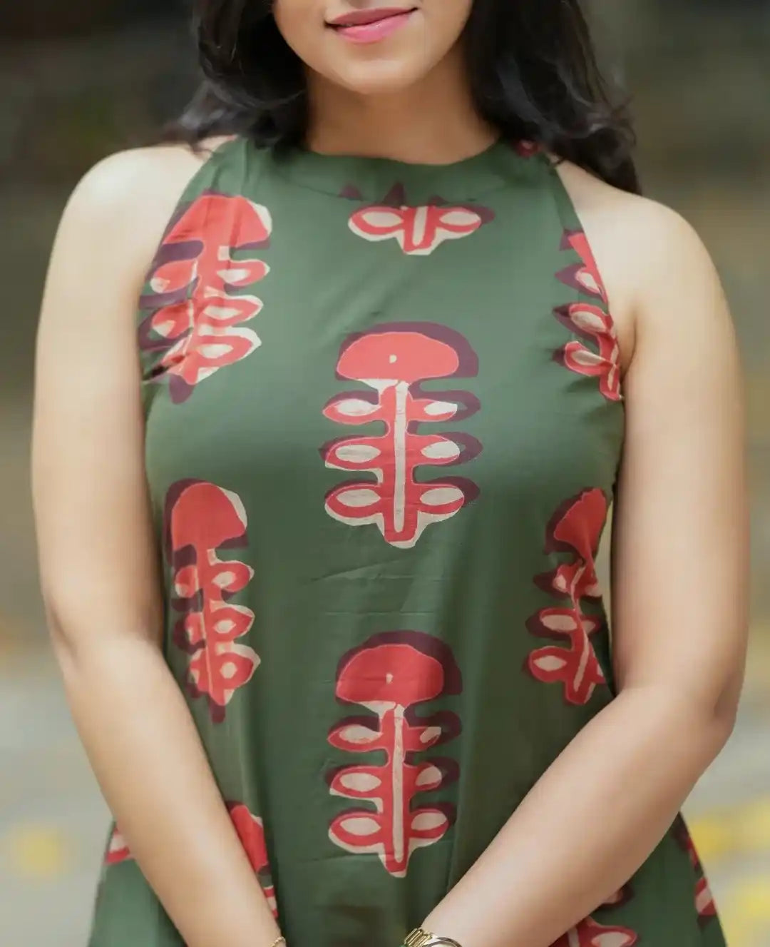 Olive Green Sleeveless Printed A-Line Kurti Dress