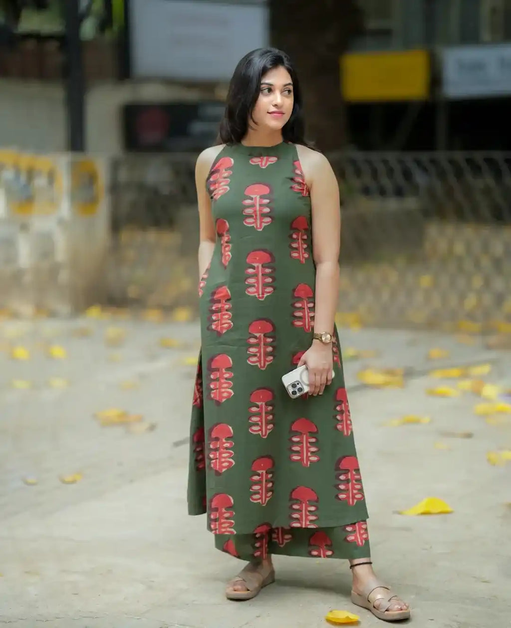 Olive Green Sleeveless Printed A-Line Kurti Dress