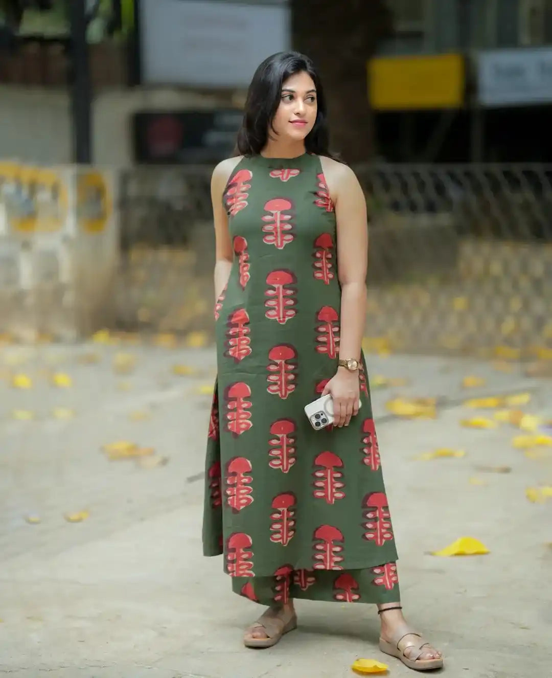 Olive Green Sleeveless Printed A-Line Kurti Dress
