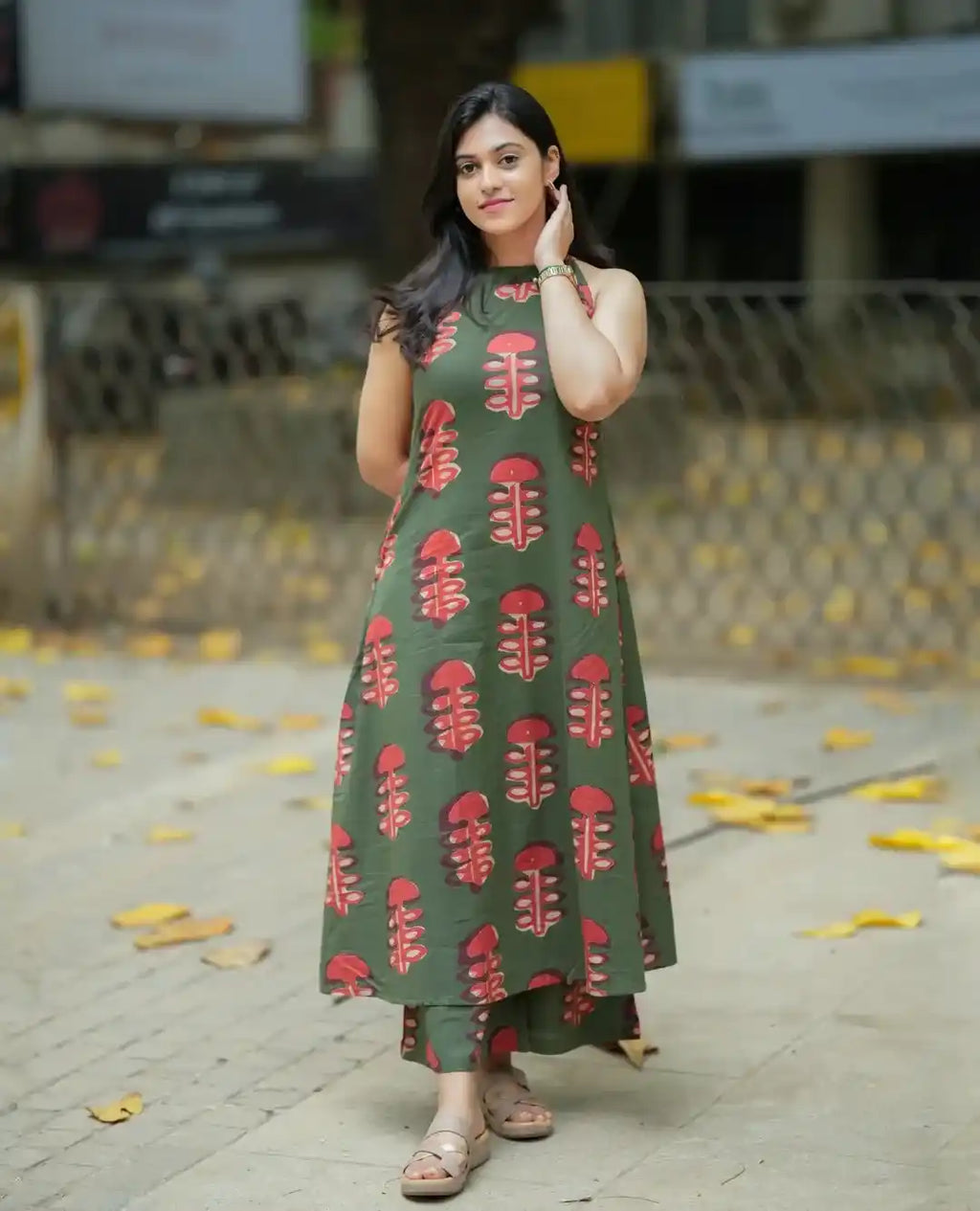 Olive Green Sleeveless Printed A-Line Kurti Dress