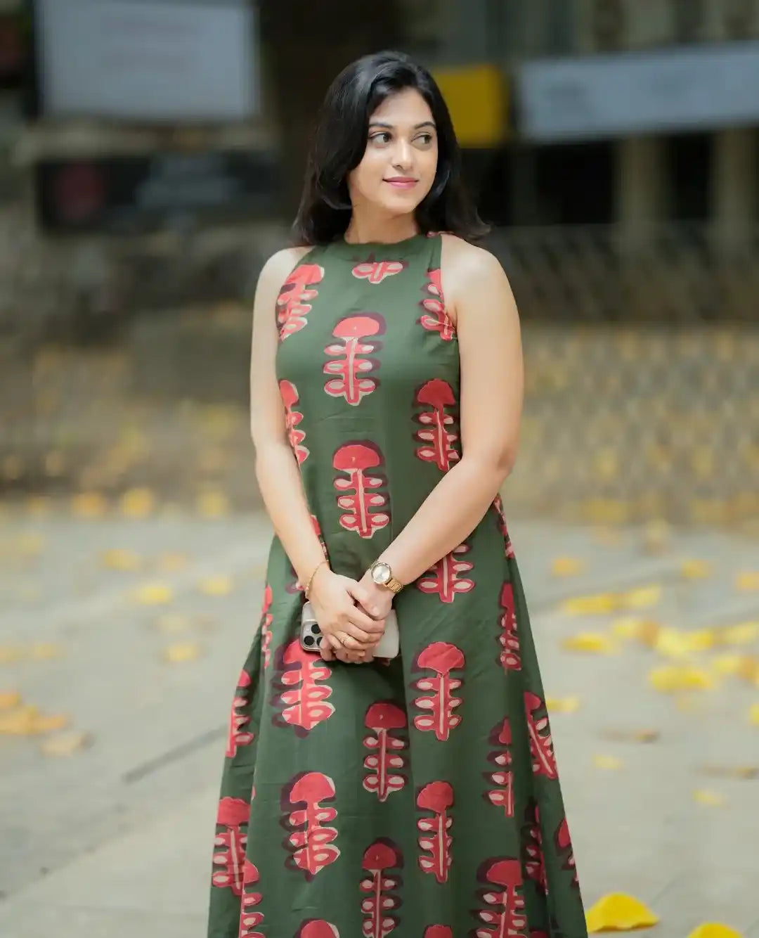 Olive Green Sleeveless Printed A-Line Kurti Dress