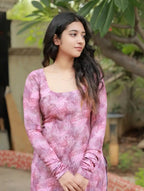 Pink Abstract Print Square Neck Kurti With Criss-Cross Back Tie-Up