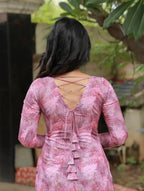 Pink Abstract Print Square Neck Kurti With Criss-Cross Back Tie-Up