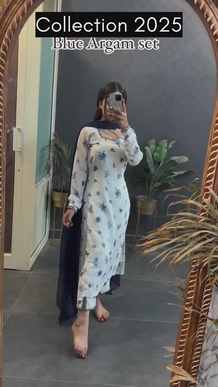 Blue Straight Argam Full Sleeves Kurta And Pant Set With Dupatta