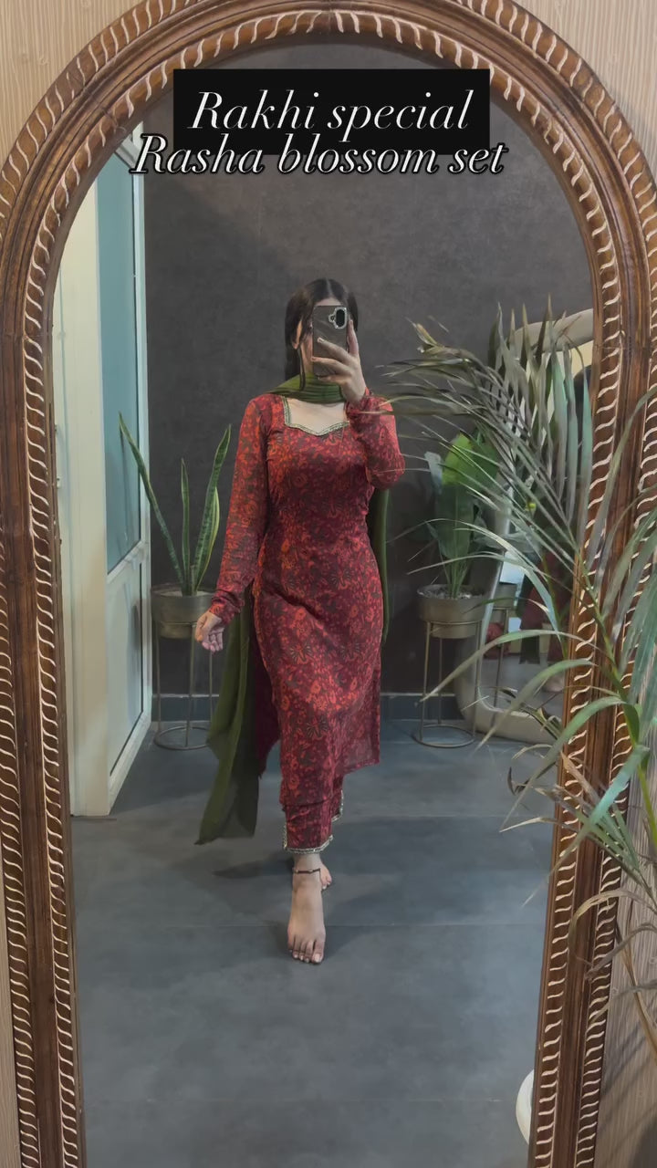 Rakhi Special Rasha Rust Blossom Kurta Pant Dupatta Set