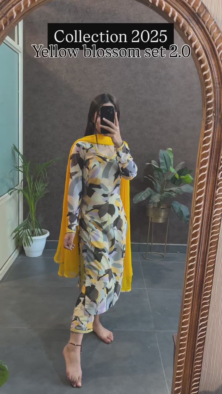Yellow Blossom Printed Kurta Set With Dupatta