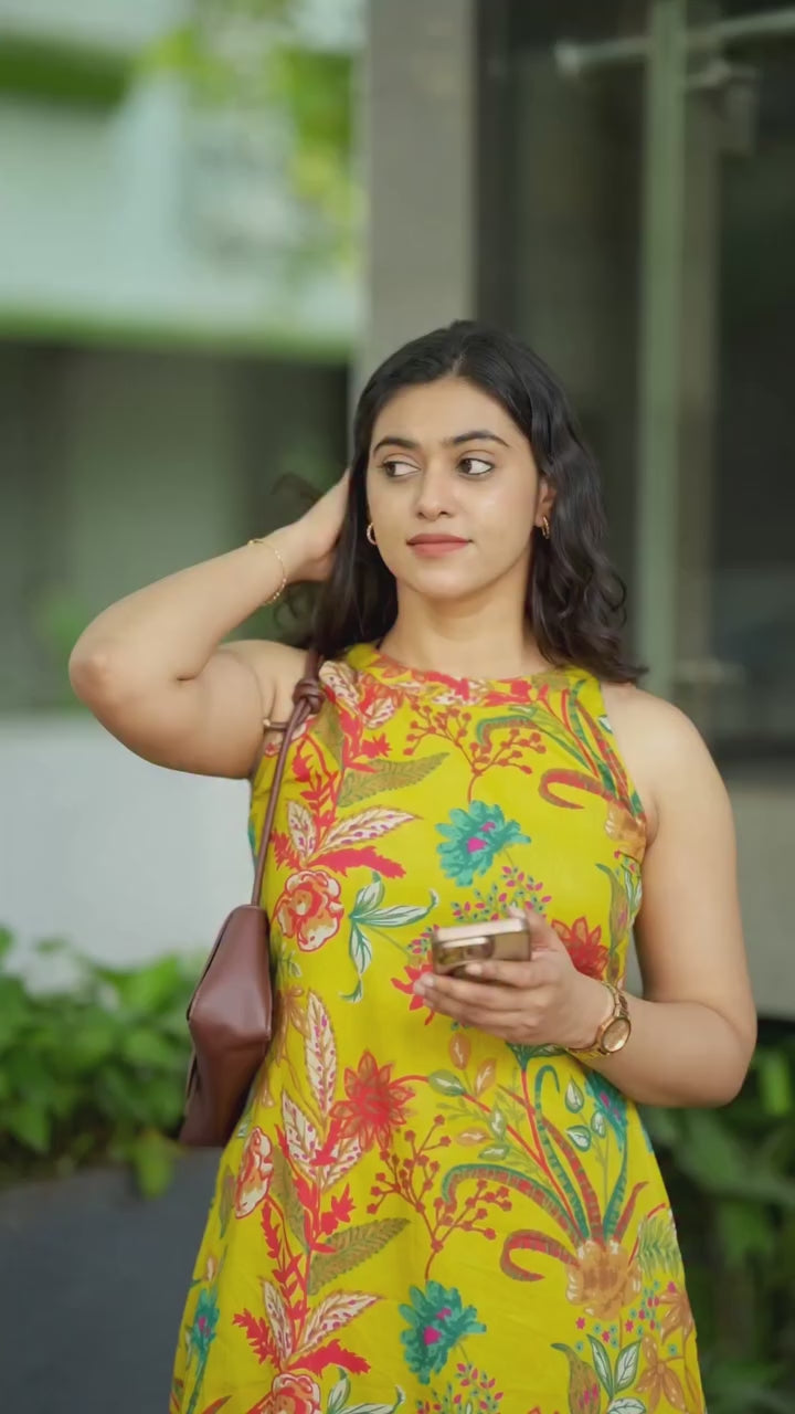 Yellow Floral Sleeveless Kurti With Palazzo Set
