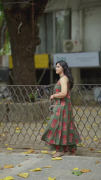 Olive Green Sleeveless Printed A-Line Kurti Dress