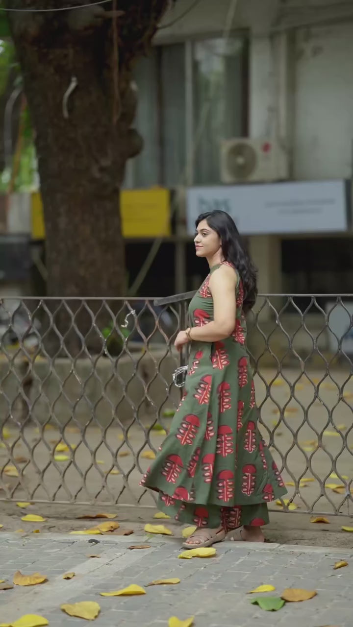 Olive Green Sleeveless Printed A-Line Kurti Dress