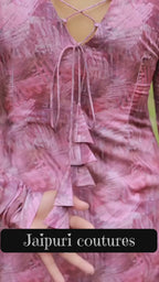 Pink Abstract Print Square Neck Kurti With Criss-Cross Back Tie-Up