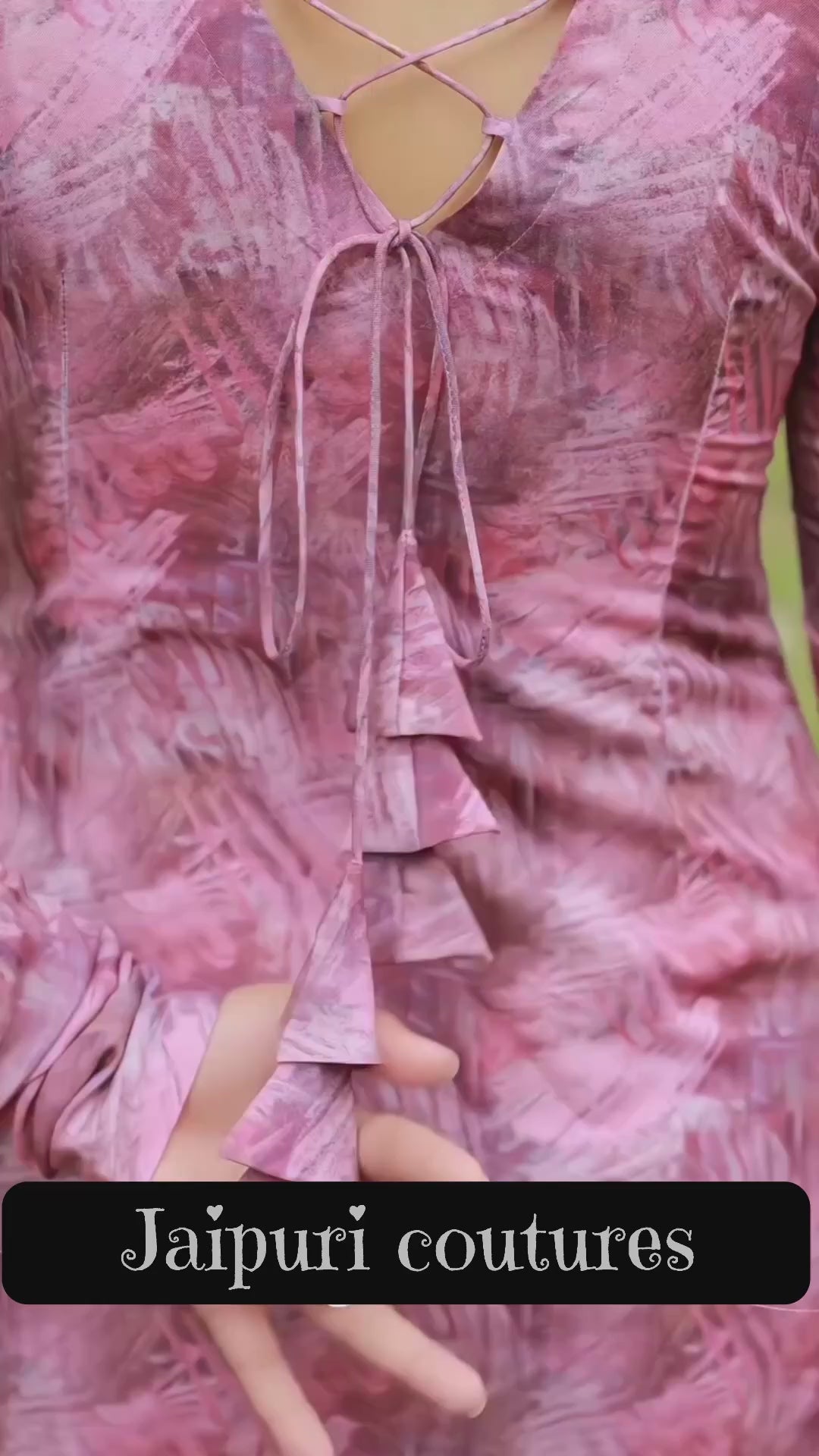 Pink Abstract Print Square Neck Kurti With Criss-Cross Back Tie-Up